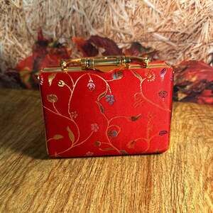 Vintage Red Chinese Silk Brocade Evening Clutch with Gold Tone Handle